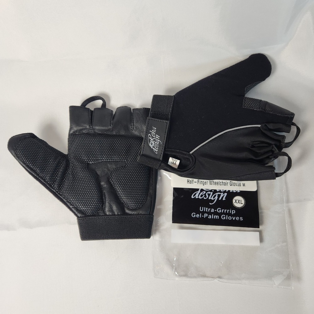 Reha Design Mens 2XL Ultra-Grrrip Gel-Palm Half-Finger Wheelchair Gloves Black